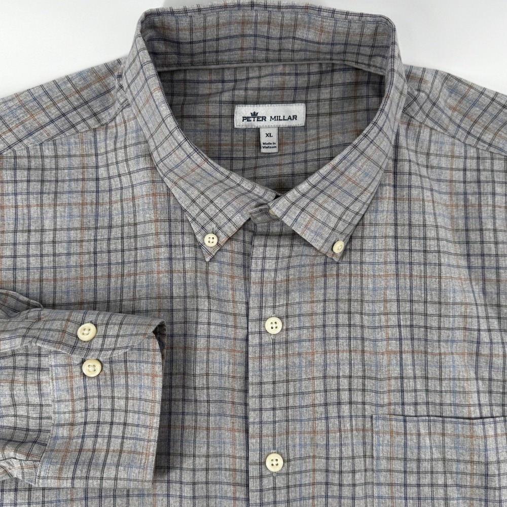 Peter Millar Mens XL Performance Grey Plaid‎ Button Down Long Sleeve Shirt